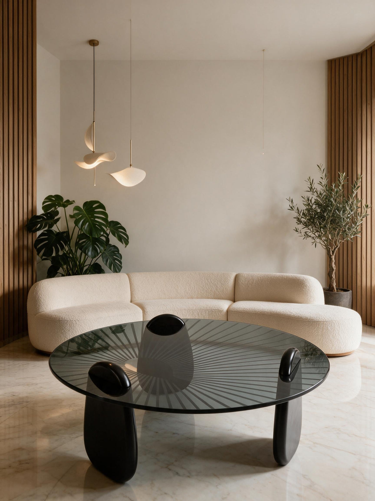 Table basse gigogne Ébène en verre noir laqué dans un salon contemporain aux volumes épurés Image