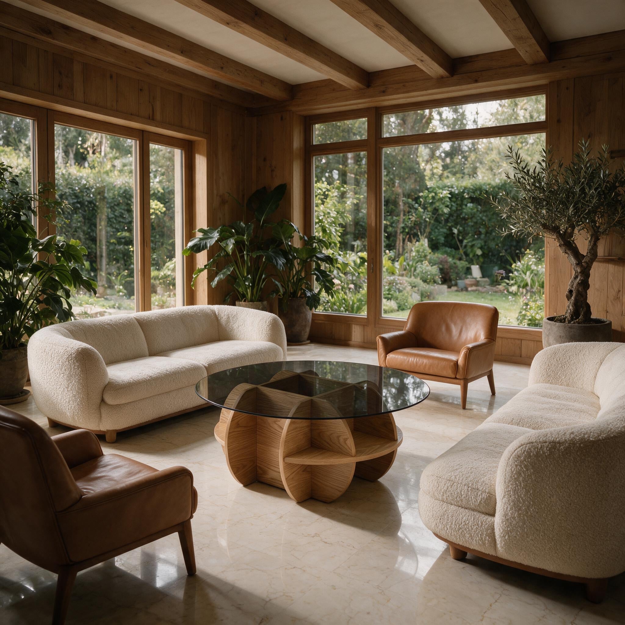 Tables basses rondes VITRAME dans un salon de villa avec baie vitrée sur jardin Image