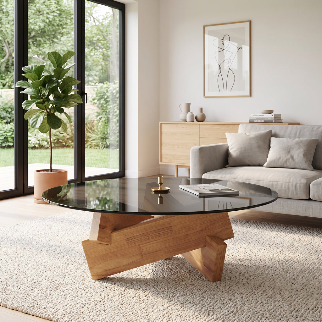 Table basse Orbe naturelle dans un salon scandinave lumineux