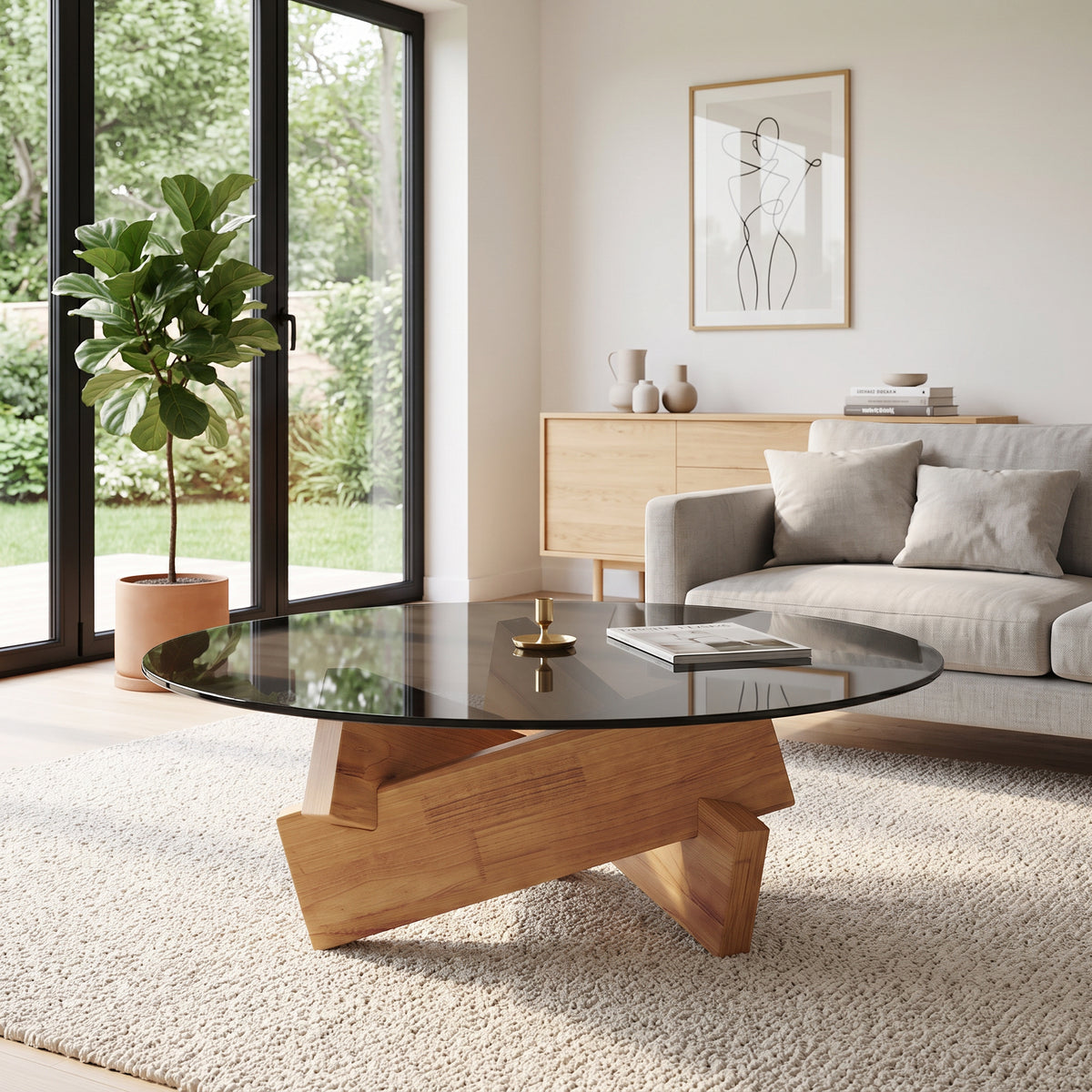 Table basse Orbe naturelle dans un salon scandinave lumineux