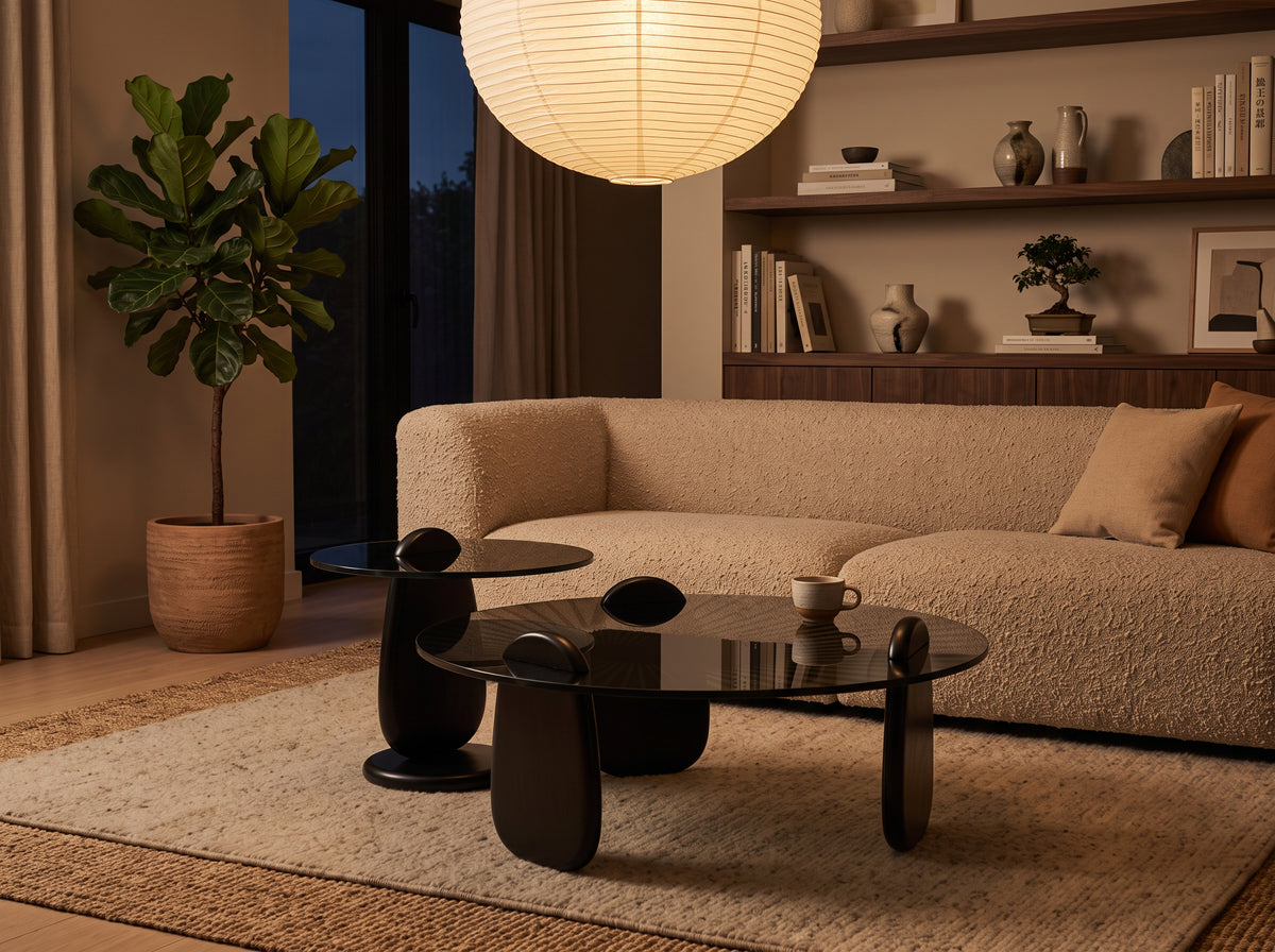 Table basse gigogne Ébène noire dans un intérieur japandi chaleureux
