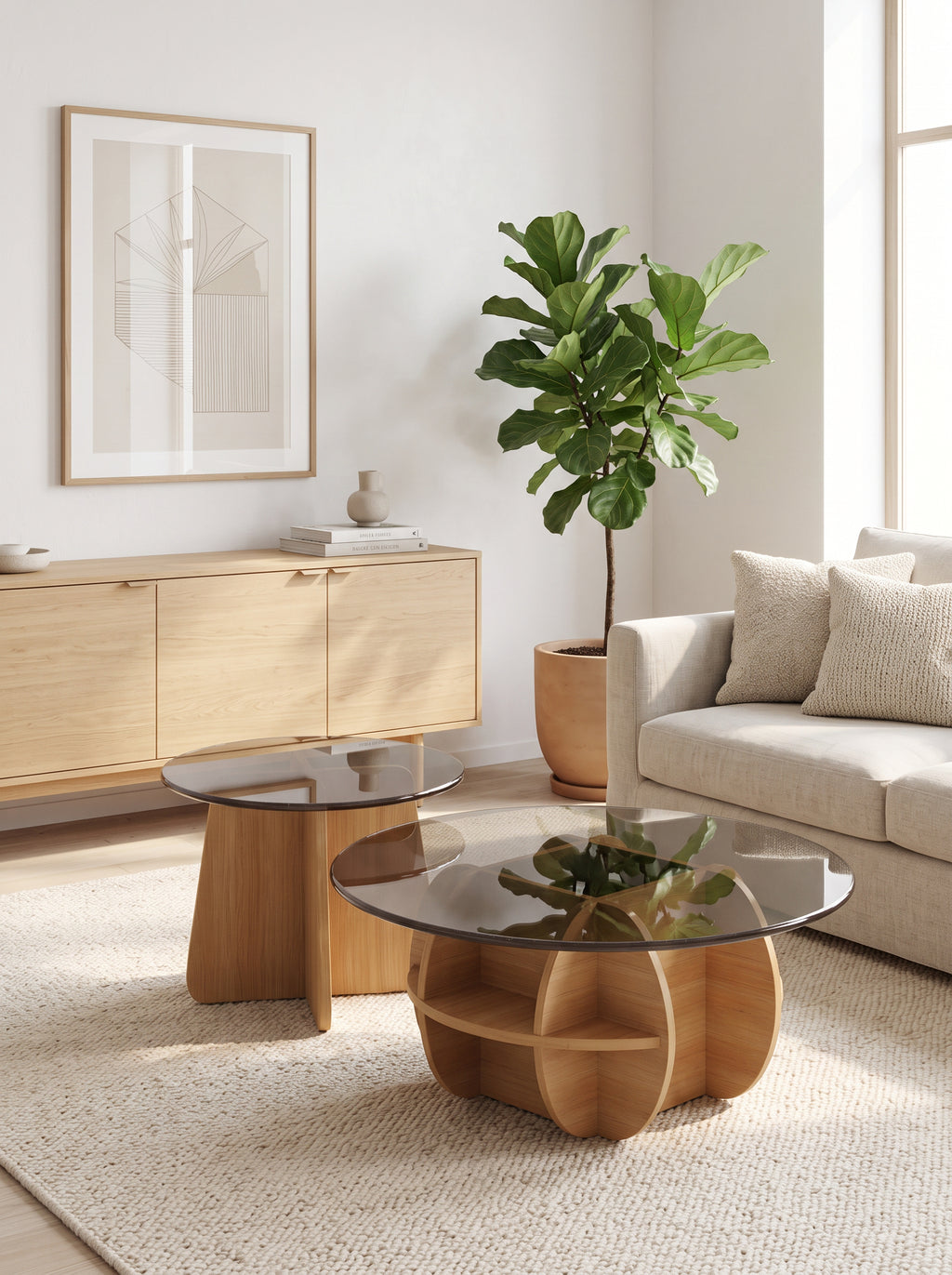 Table basse gigogne Corolle naturelle dans un salon scandinave lumineux