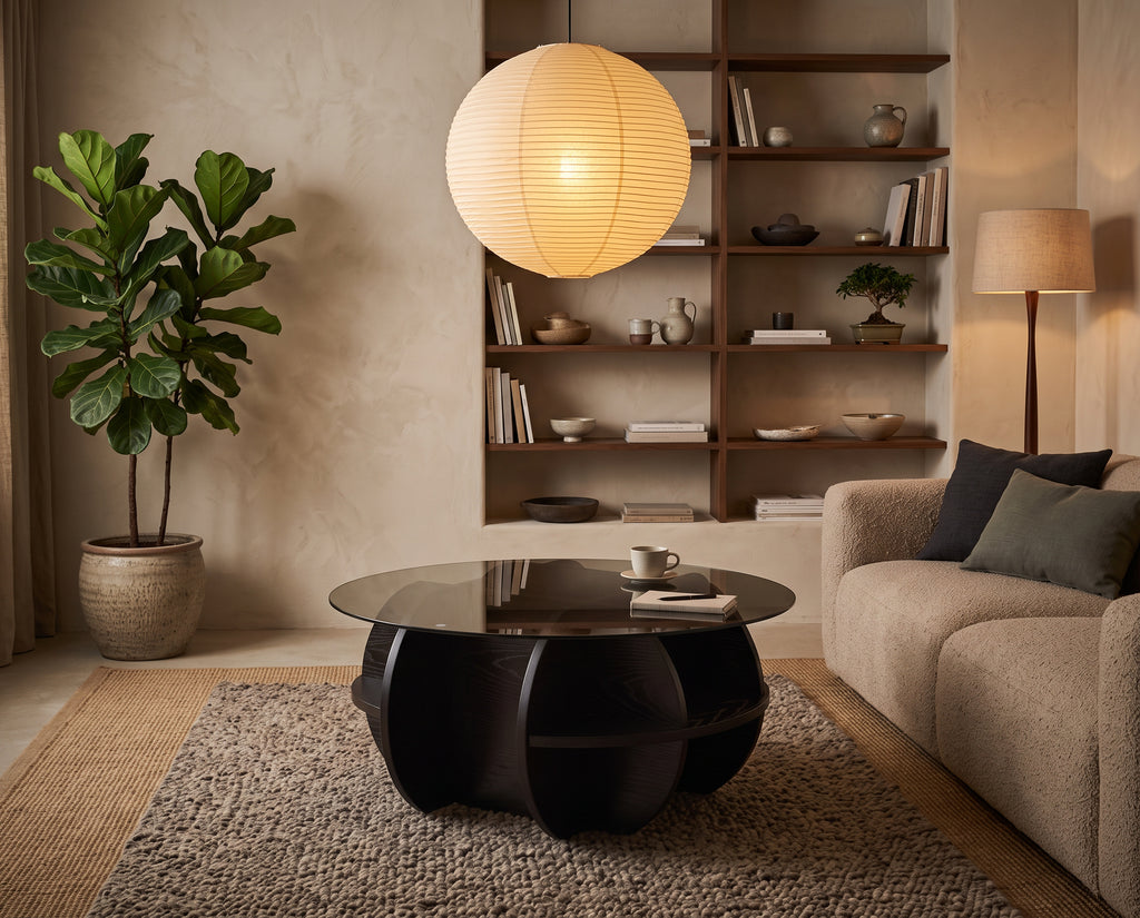 Table basse ronde Pétale noire dans un intérieur japandi chaleureux