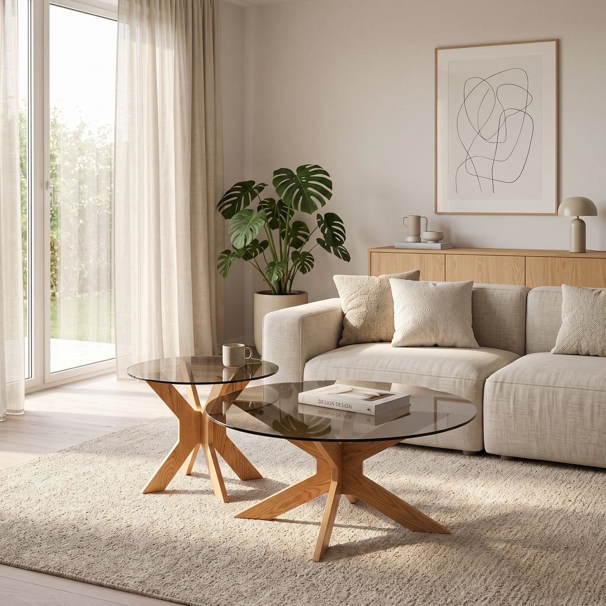 Table basse gigogne Comète naturelle dans un salon scandinave lumineux
