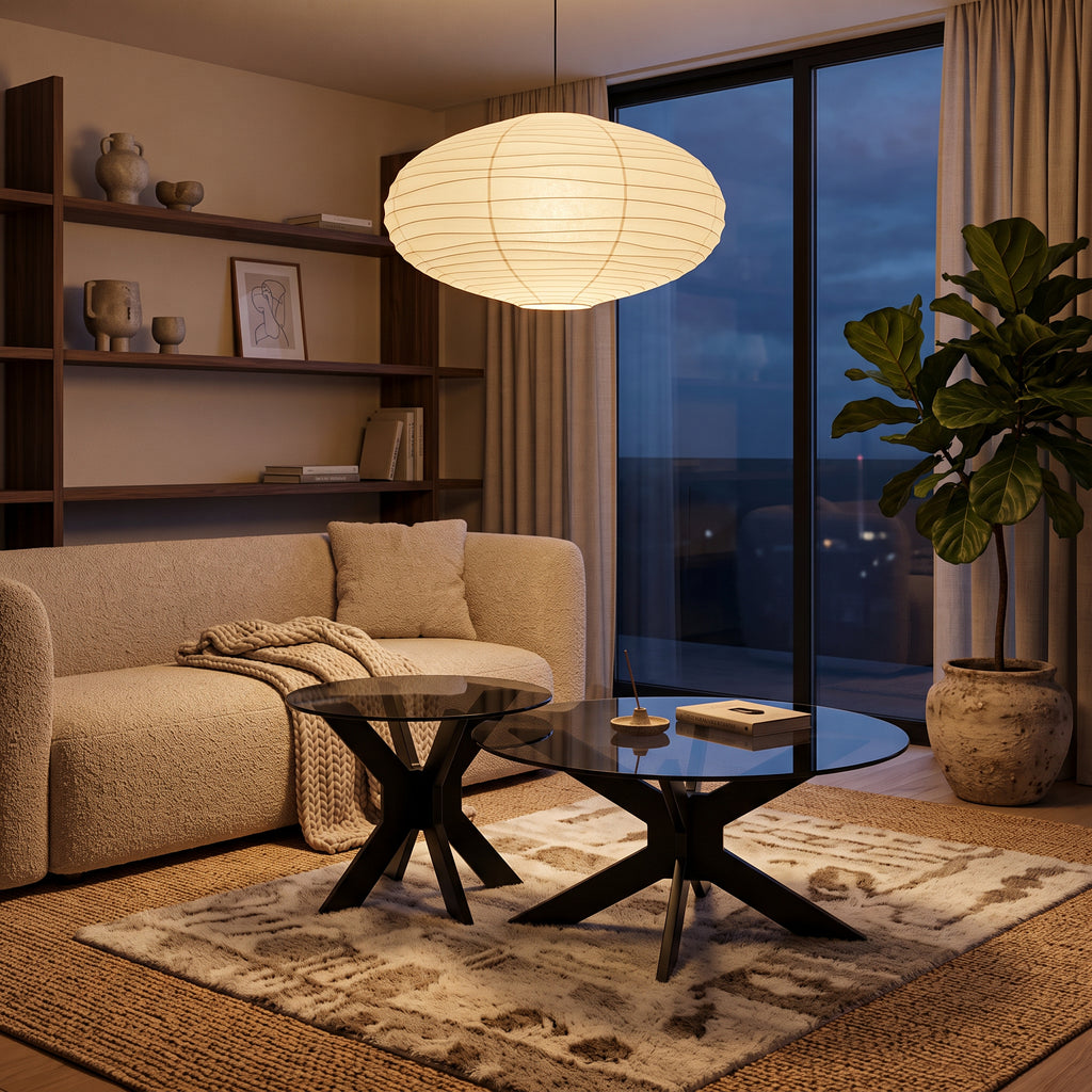 Table basse gigogne Comète noire dans un intérieur japandi chaleureux