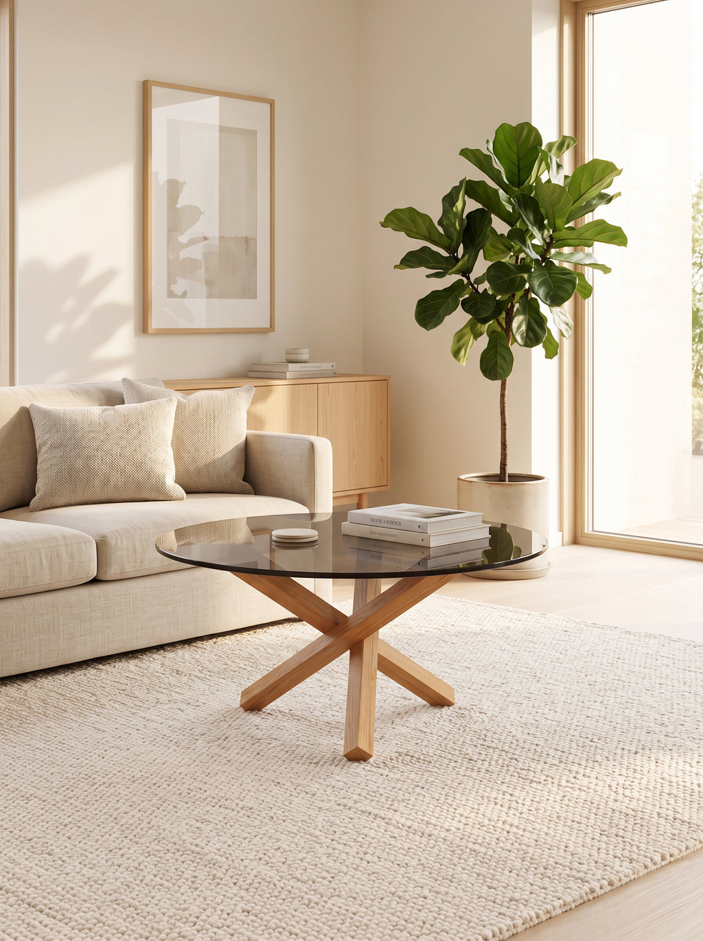 Table basse ronde Croisée naturelle dans un salon scandinave lumineux