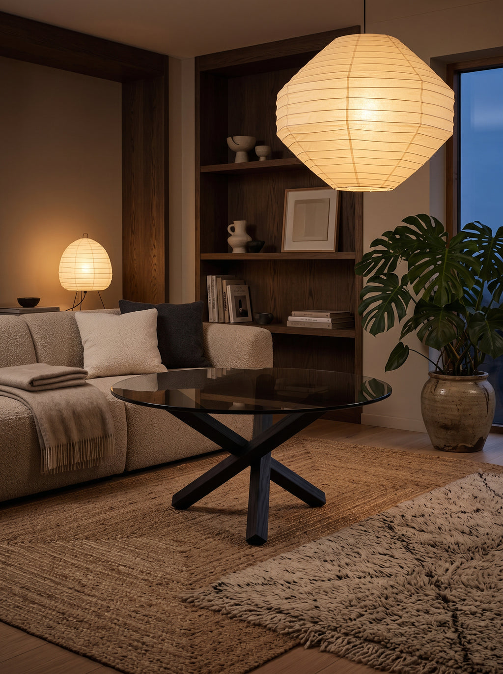 Table basse ronde Croisée noire dans un intérieur japandi chaleureux
