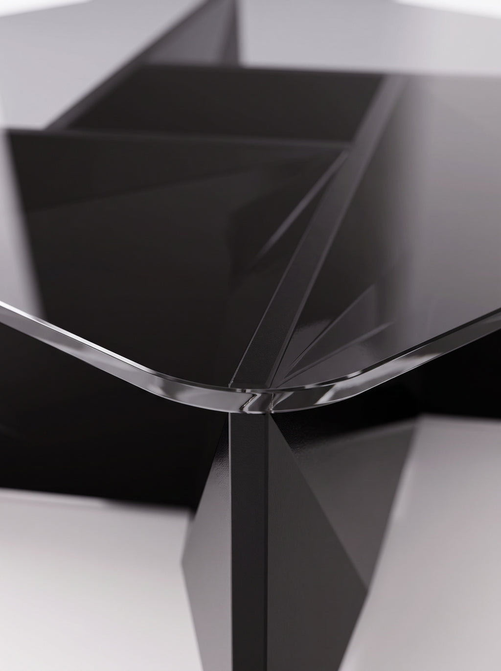 Table basse Onyx, détail macro de l'angle du plateau en verre carré