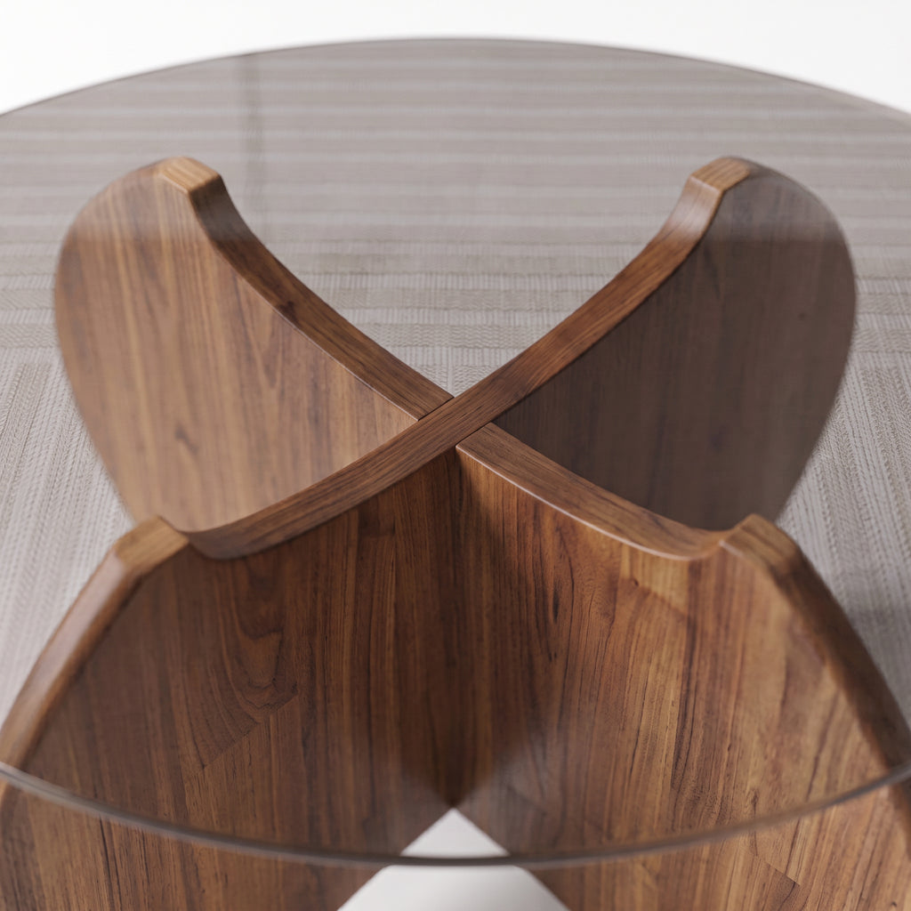 Table basse Calice teinte noyer, détail macro du socle sculptural en X