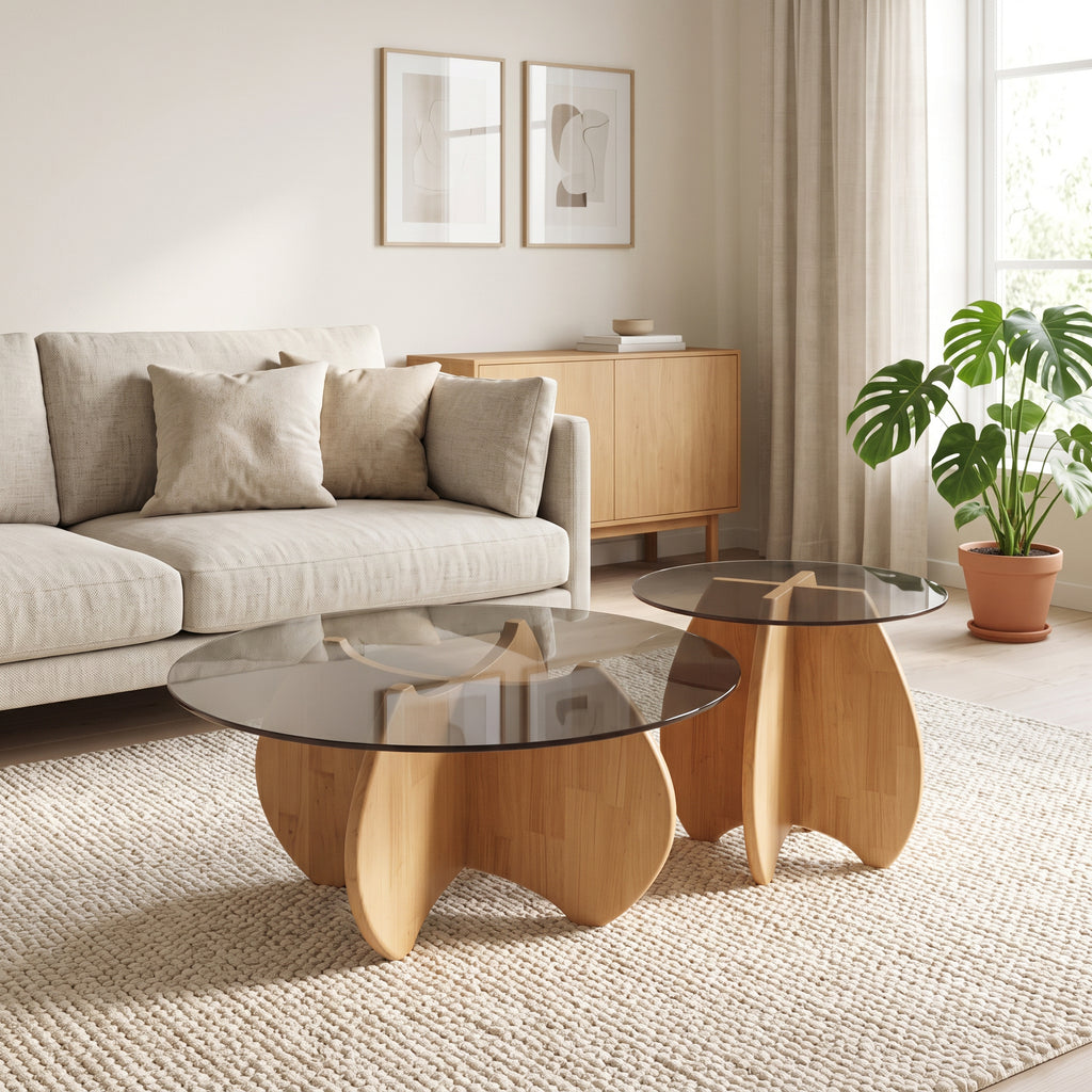 Table basse gigogne Calice naturelle dans un salon scandinave lumineux