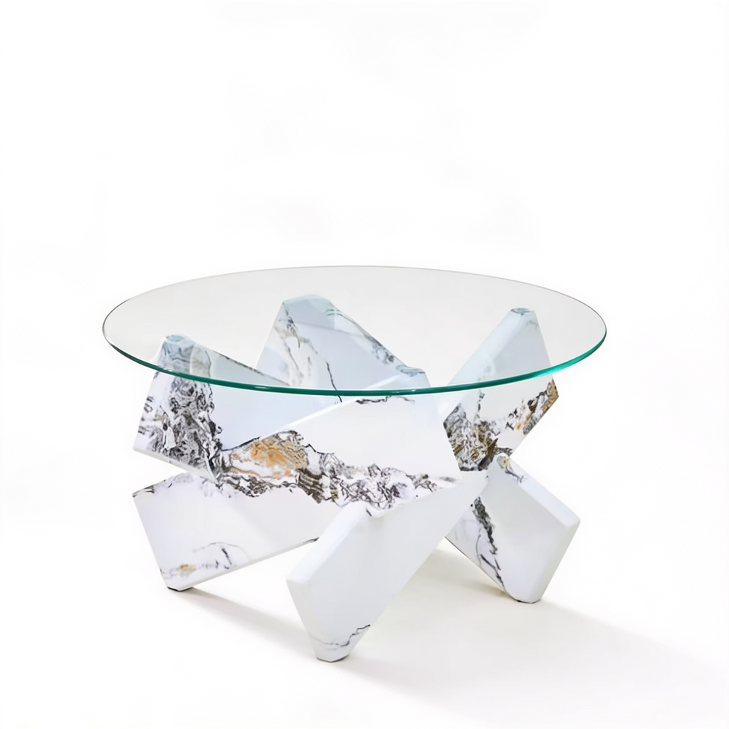 Table basse ronde verre trempe finition marbre blanc - fond blanc Vitrame