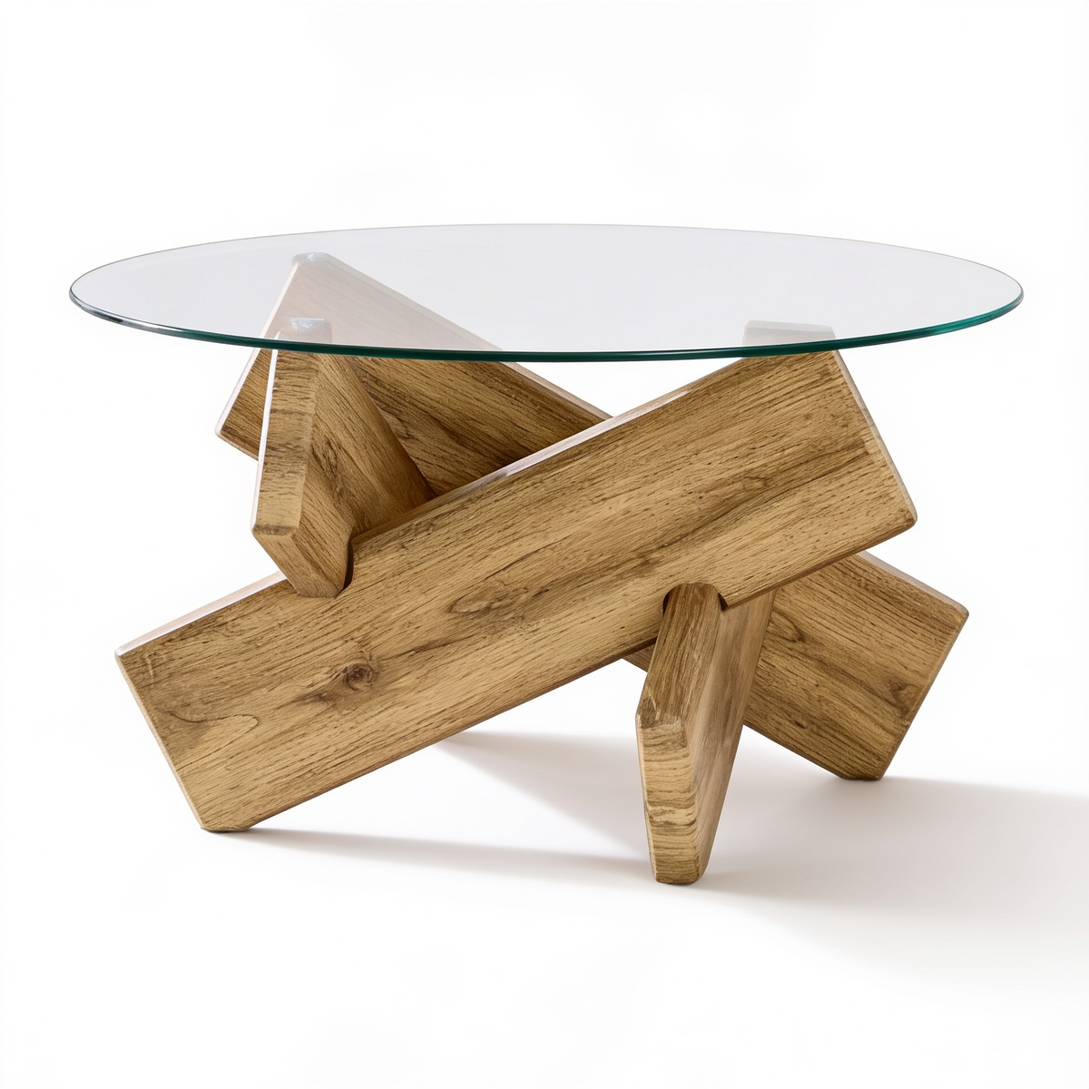 Table basse ronde verre trempe finition chene bois - fond blanc Vitrame