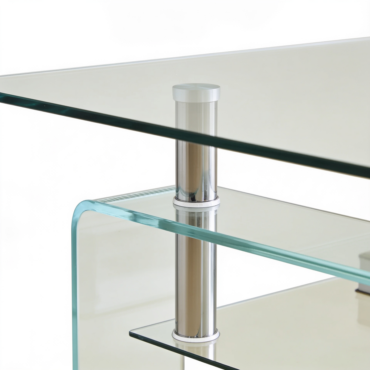 Table basse tout verre courbe - detail colonne chrome Vitrame