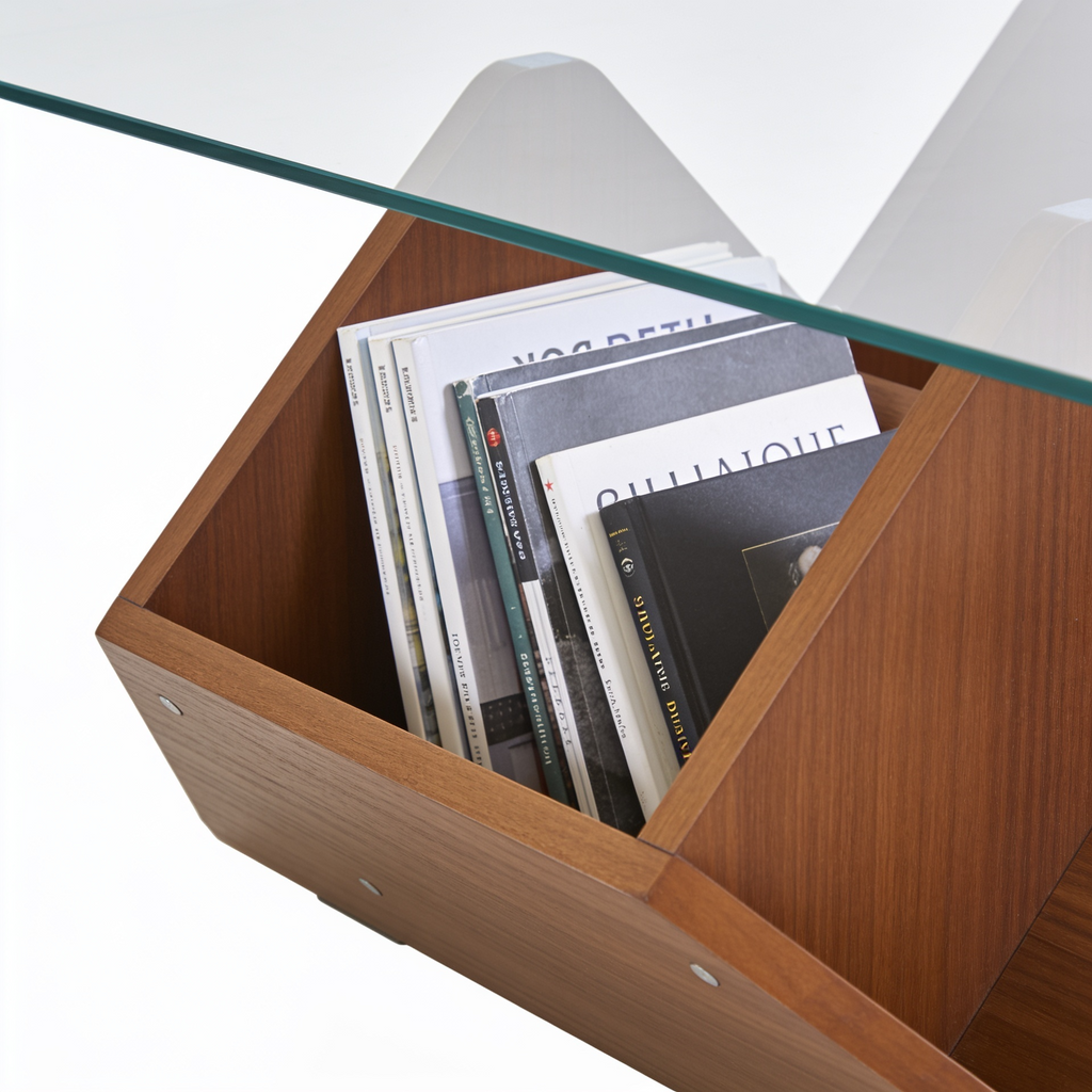 Table basse rangements noyer - detail compartiment rangement Vitrame