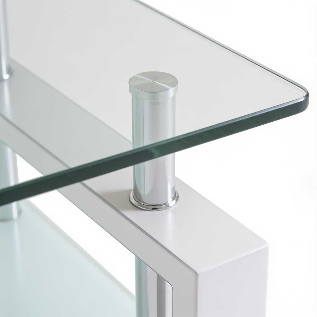 Table basse verre metal - detail support chrome et bord verre Vitrame