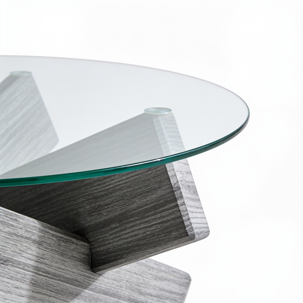 Table basse verre trempe - detail bord verre et base Vitrame