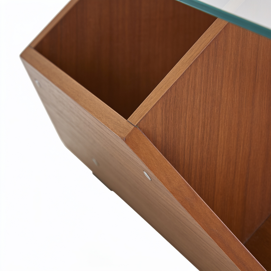Table basse rangements noyer - detail jonction verre base et fixation Vitrame