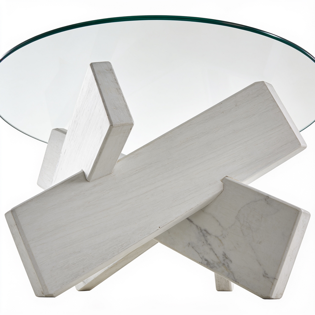 Table basse verre trempe - detail contre-plongee base sculpturale Vitrame