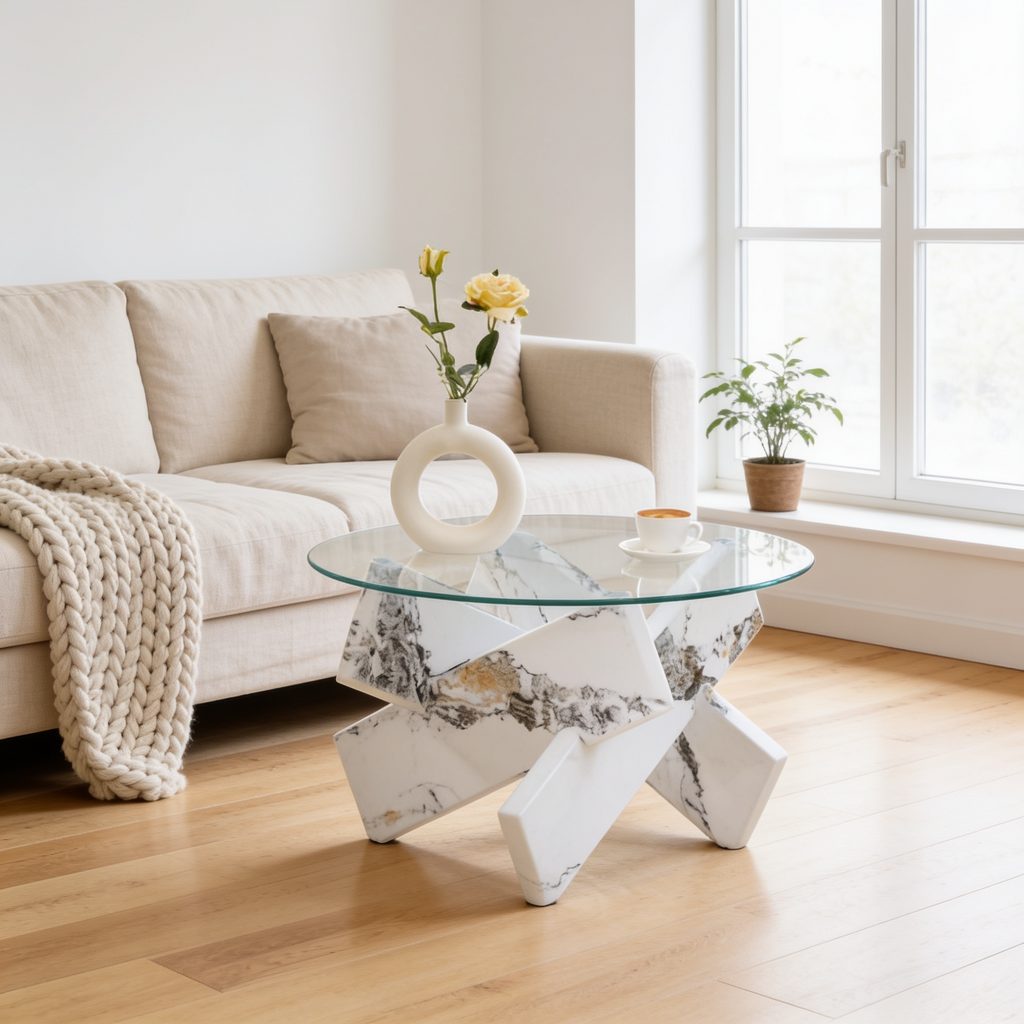 Table basse ronde verre trempe Blanc marbre - salon scandinave Vitrame