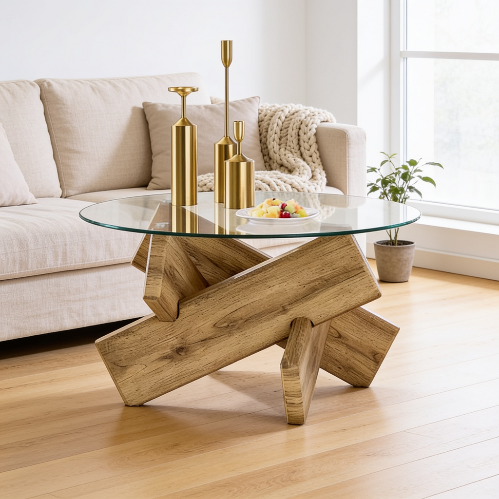 Table basse ronde verre trempe Bois - salon scandinave Vitrame