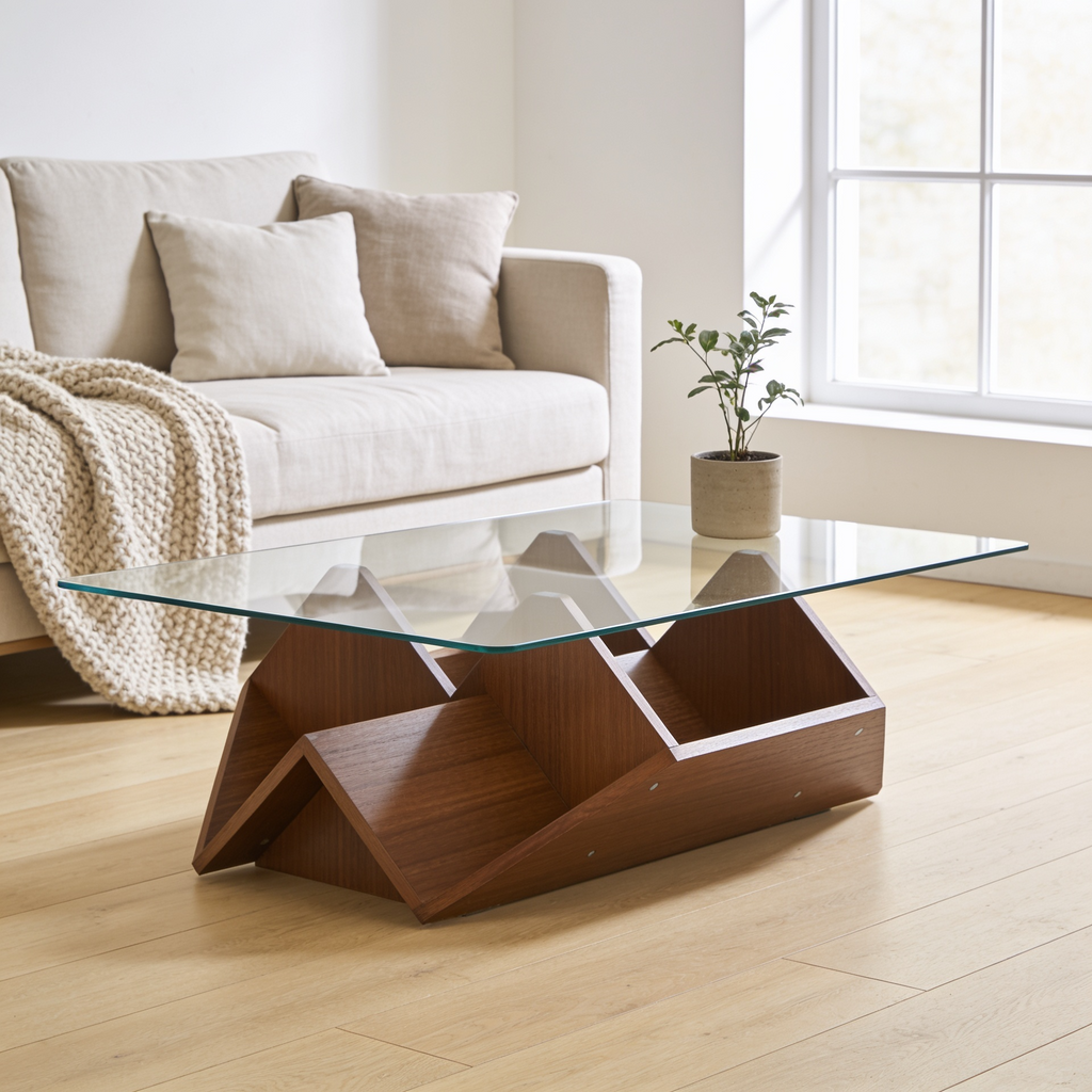 Table basse a rangements verre trempe noyer - salon scandinave Vitrame