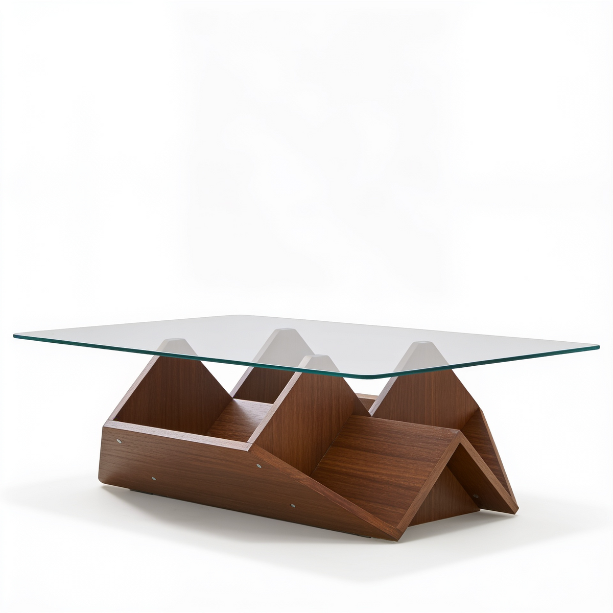 Table basse a rangements verre trempe base noyer - fond blanc Vitrame