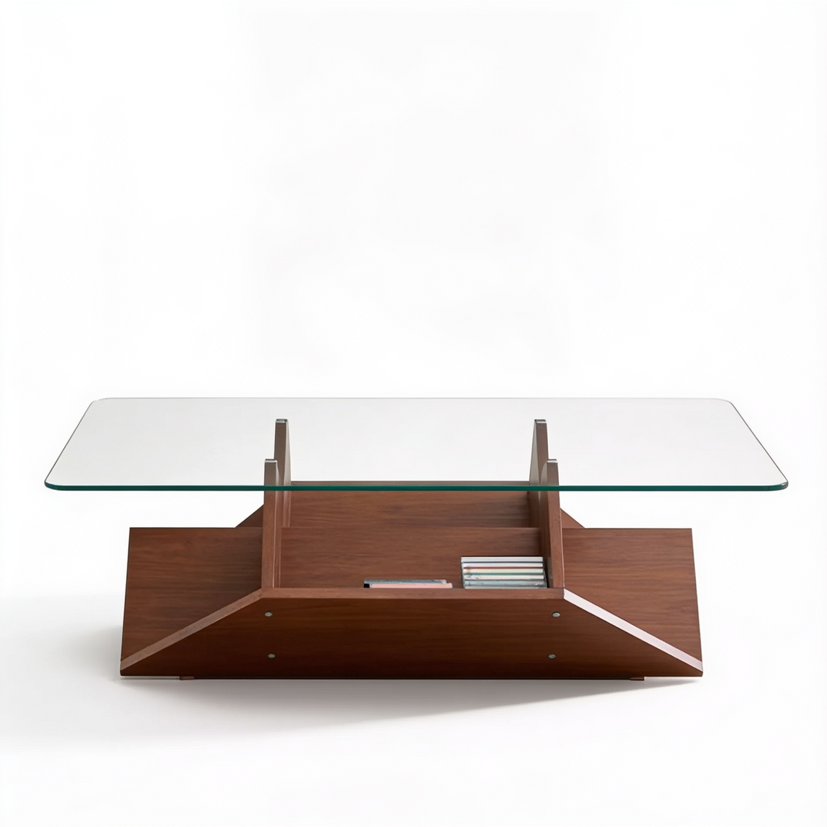 Table basse rangements noyer - fond blanc vue de face Vitrame