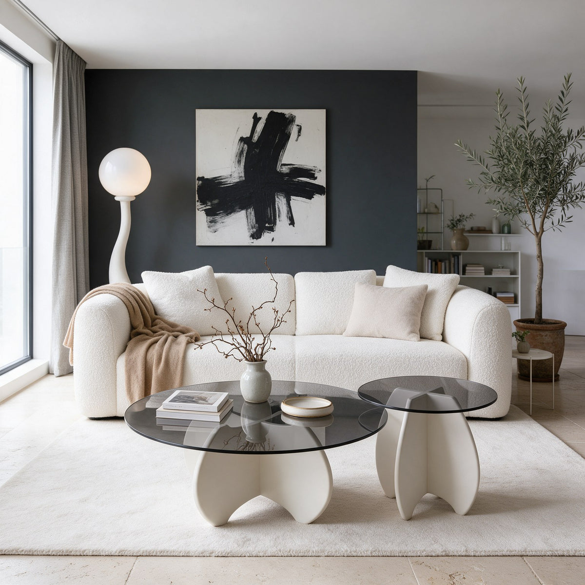 Table basse gigogne Calice teinte Blanc, mise en situation dans un second salon