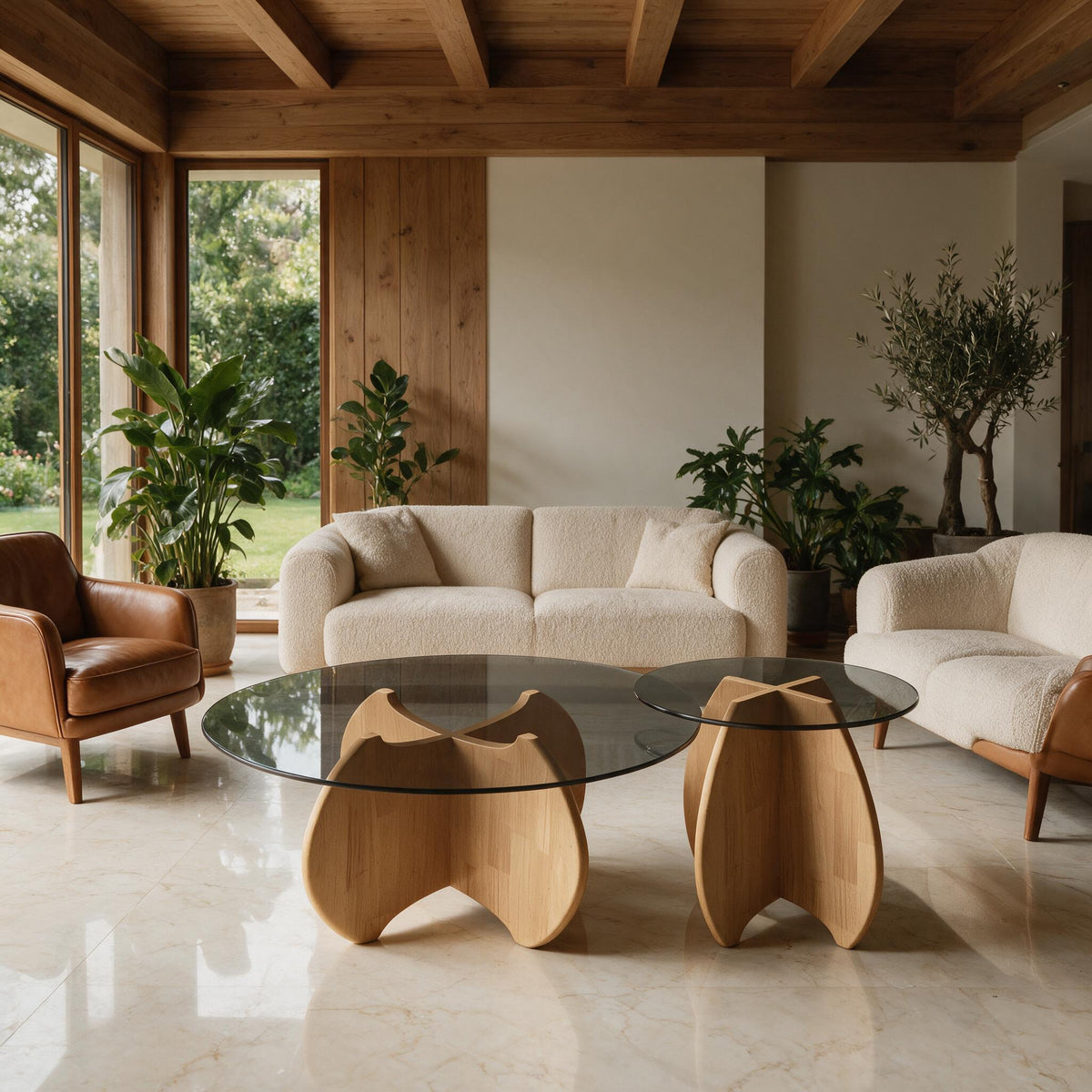 Table basse gigogne Calice chêne naturel, salon avec baie vitrée sur jardin