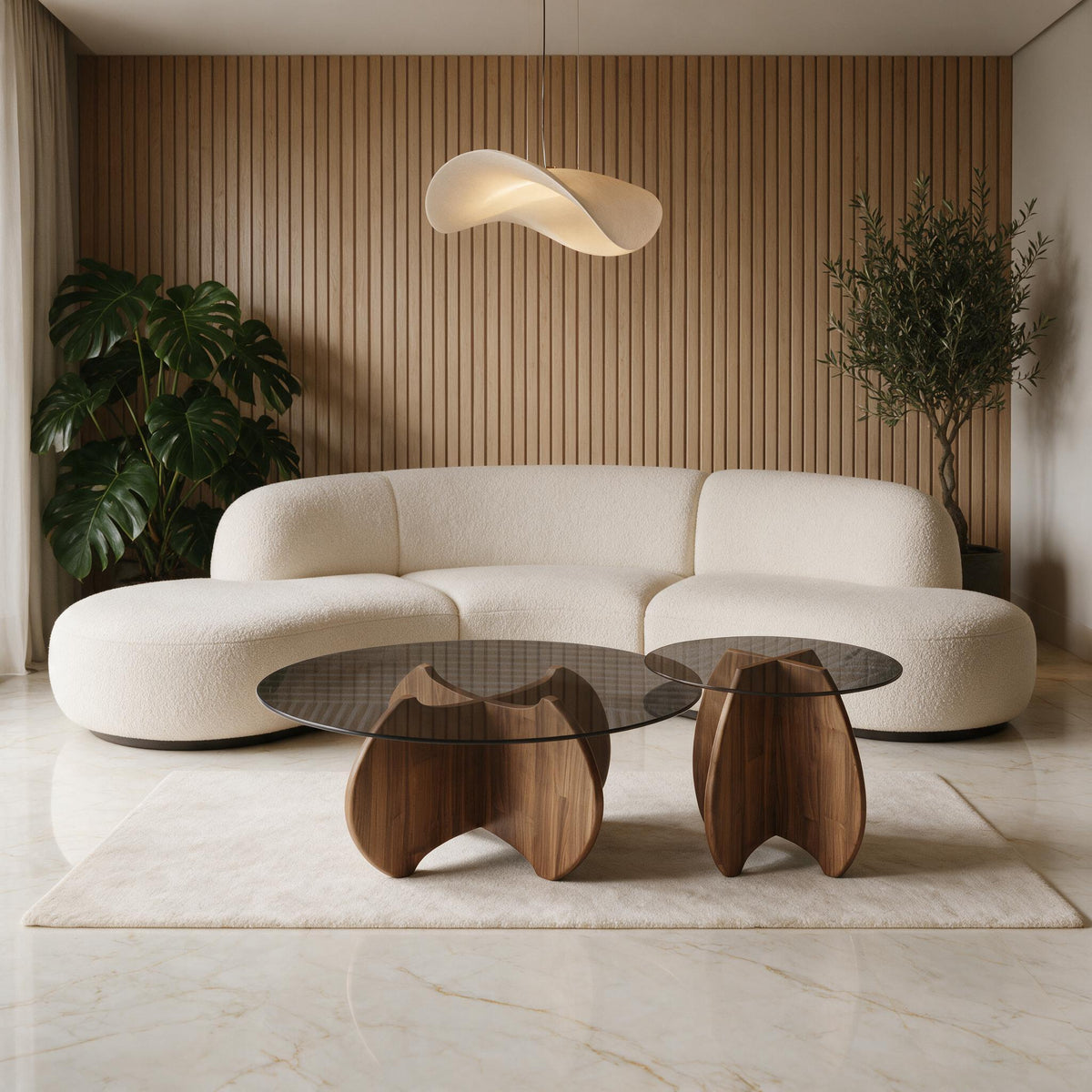 Table basse gigogne Calice noyer, salon contemporain mur à lattes