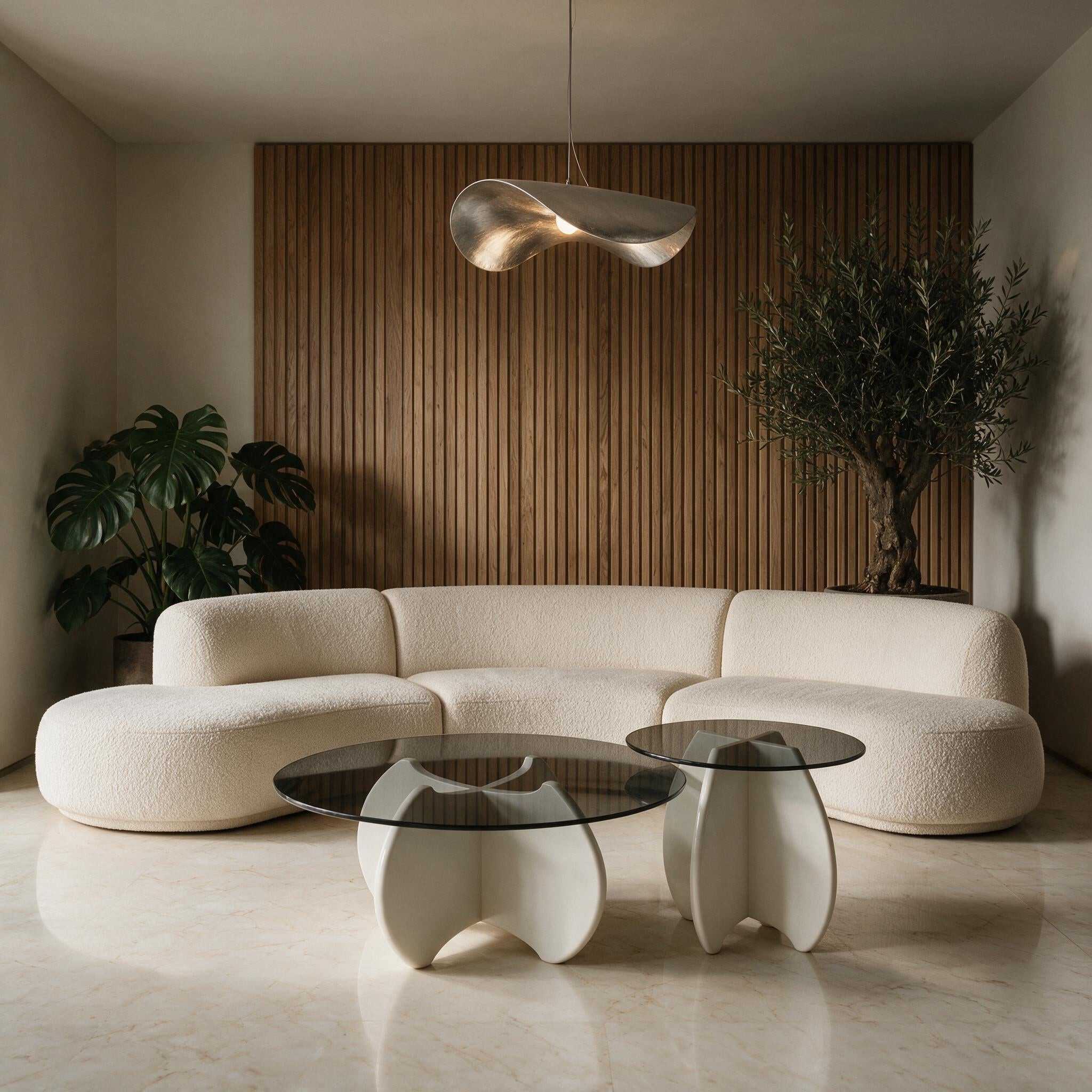 Table basse gigogne Calice blanc laqué, salon contemporain mur à lattes Image
