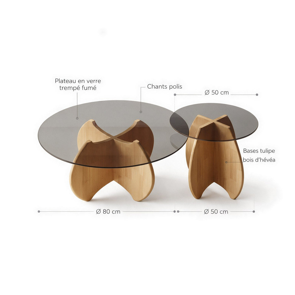 Tables basses gigognes Calice : dimensions (Ø 80 et Ø 50 cm) et matériaux, bases tulipe en bois d’hévéa