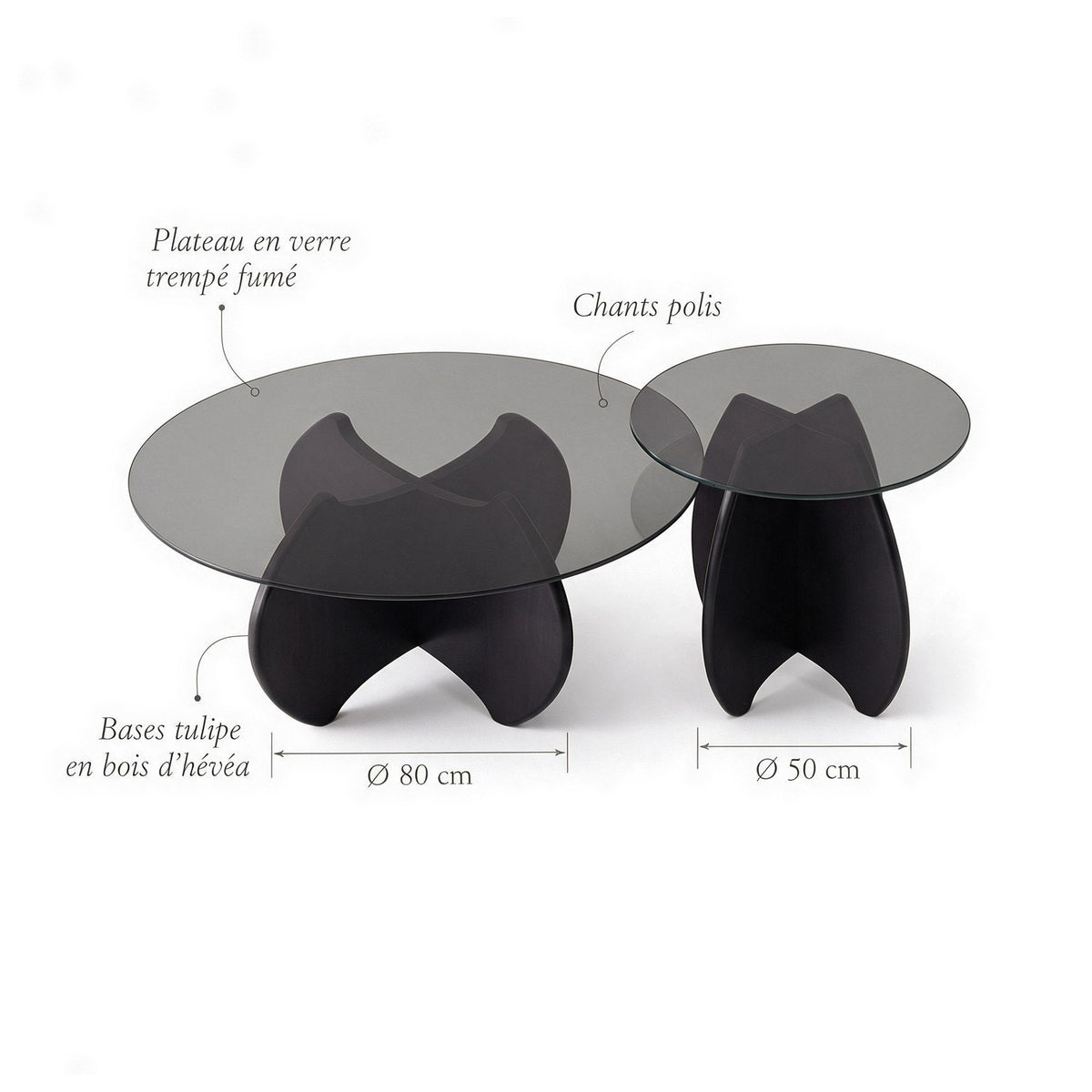 Tables basses gigognes Calice teinte Noir : dimensions (Ø 80 et Ø 50 cm) et matériaux