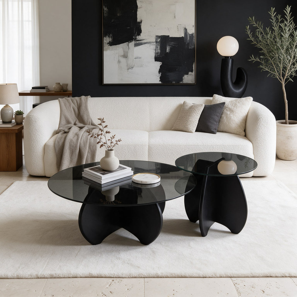 Table basse gigogne Calice teinte Noir, mise en situation dans un salon