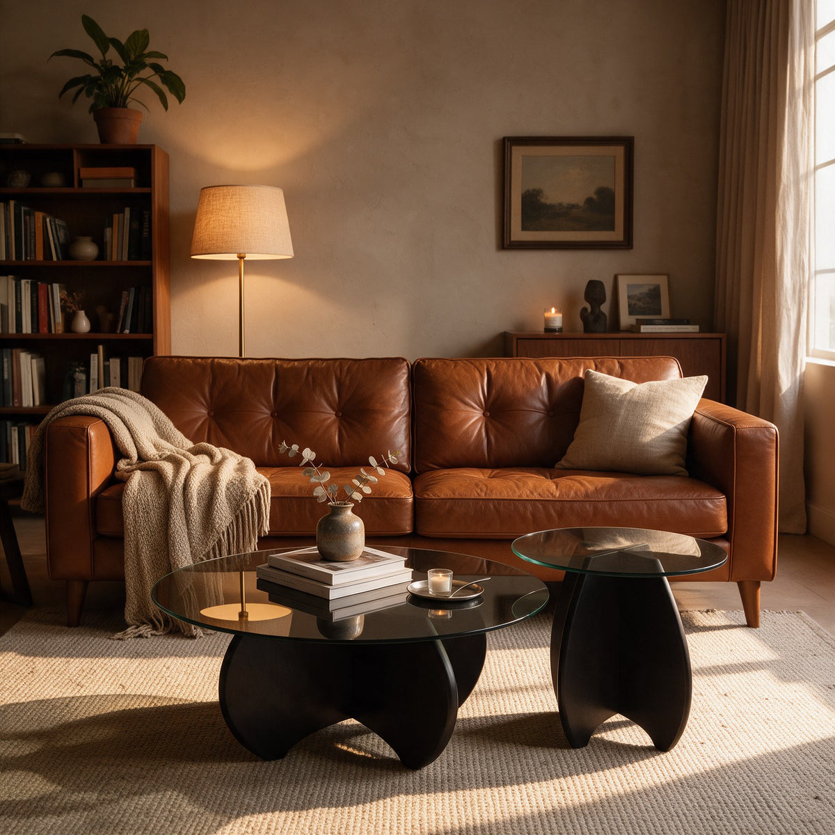 Table basse gigogne Calice teinte Noir, mise en situation dans un second salon