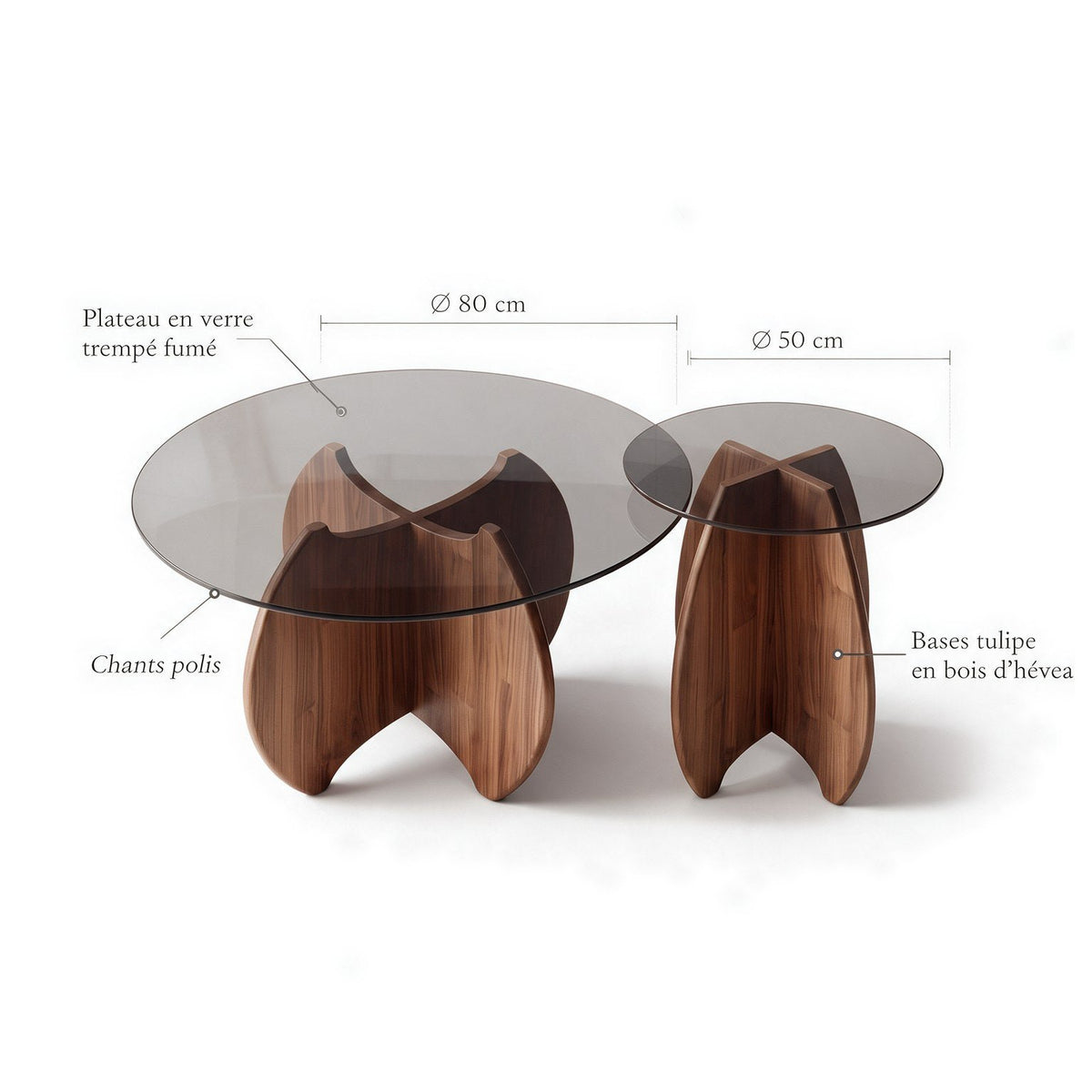 Tables basses gigognes Calice teinte Noyer : dimensions (Ø 80 et Ø 50 cm) et matériaux
