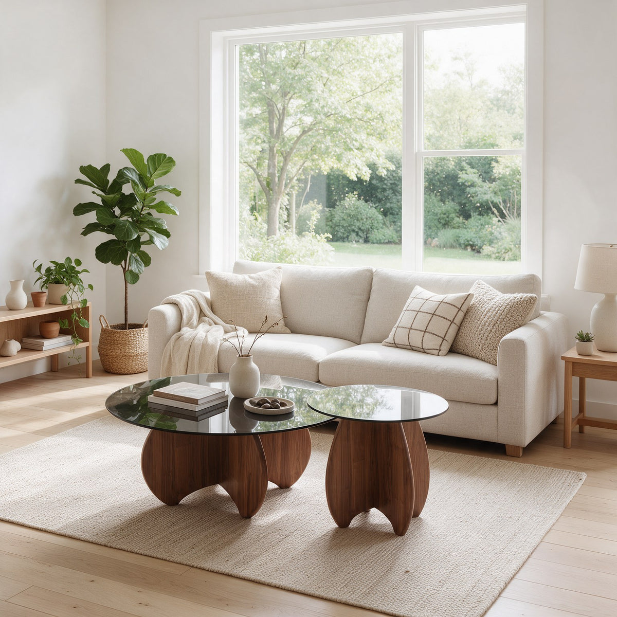 Table basse gigogne Calice teinte Noyer, mise en situation dans un second salon