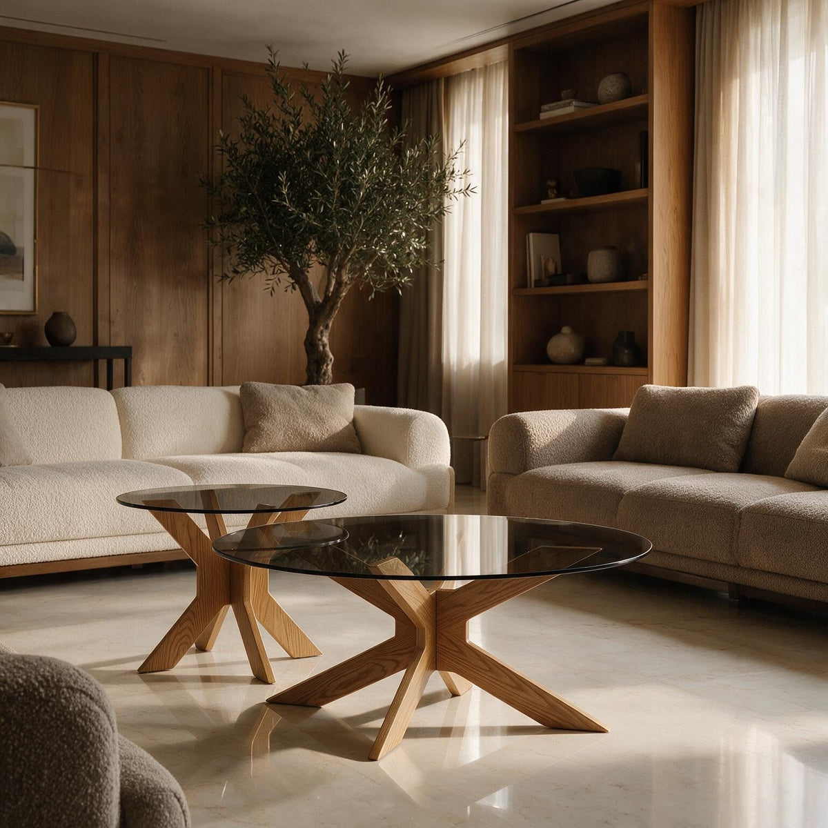 Table basse gigogne Comète chêne naturel dans un salon de villa de luxe