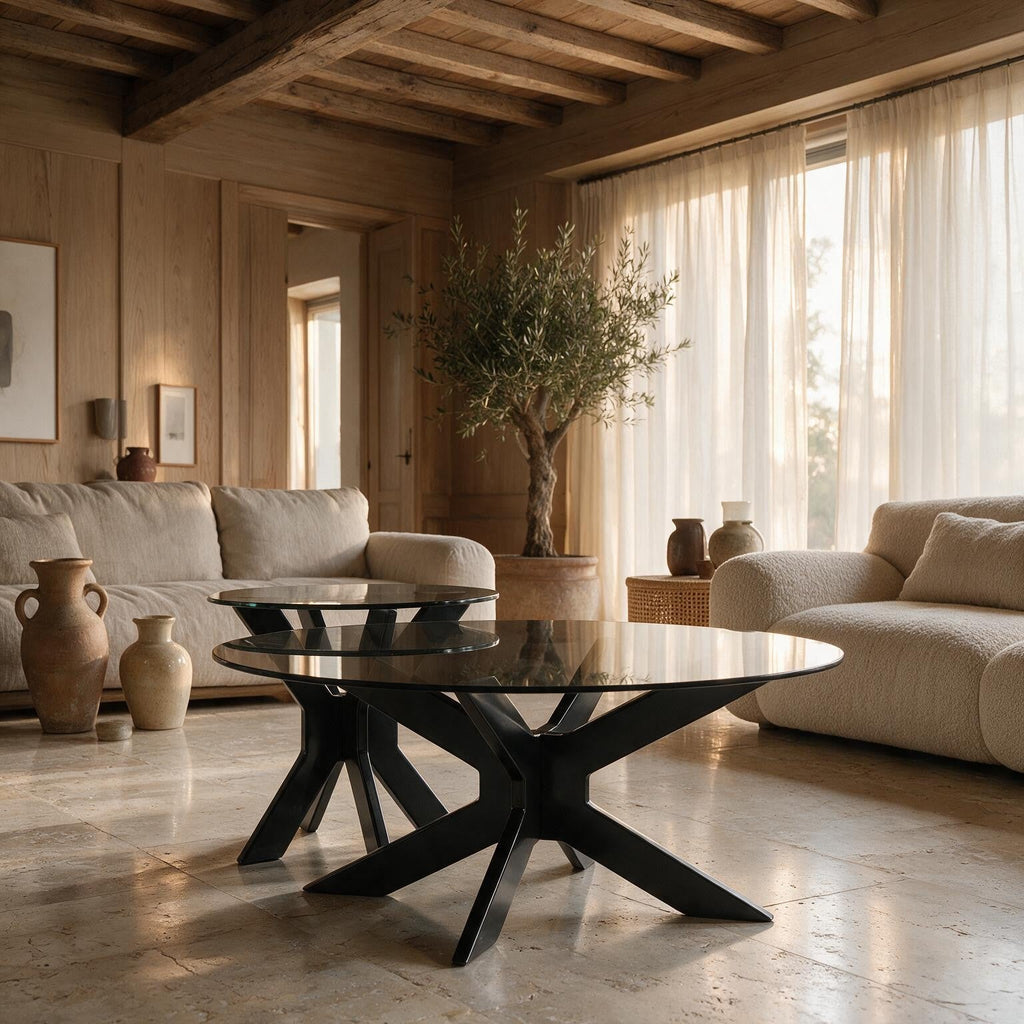 Table basse gigogne Comète noir laqué dans un salon méditerranéen