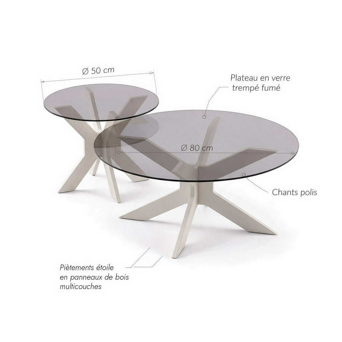 Tables basses gigognes Comète teinte Blanc : dimensions (Ø 80 et Ø 50 cm) et matériaux