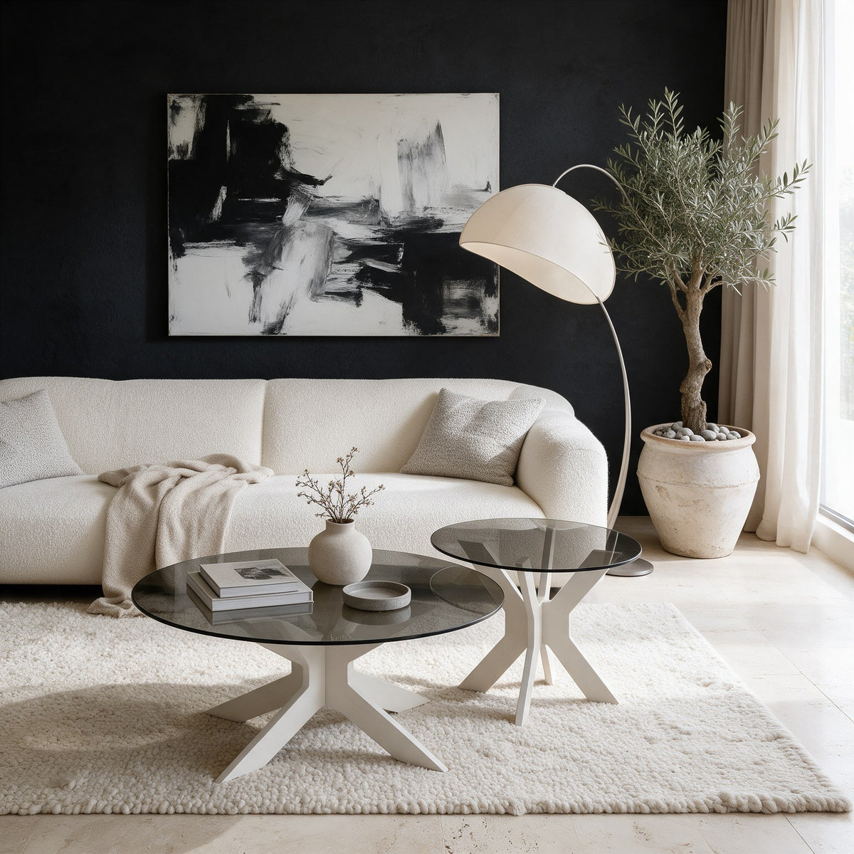 Table basse gigogne Comète teinte Blanc, mise en situation dans un second salon