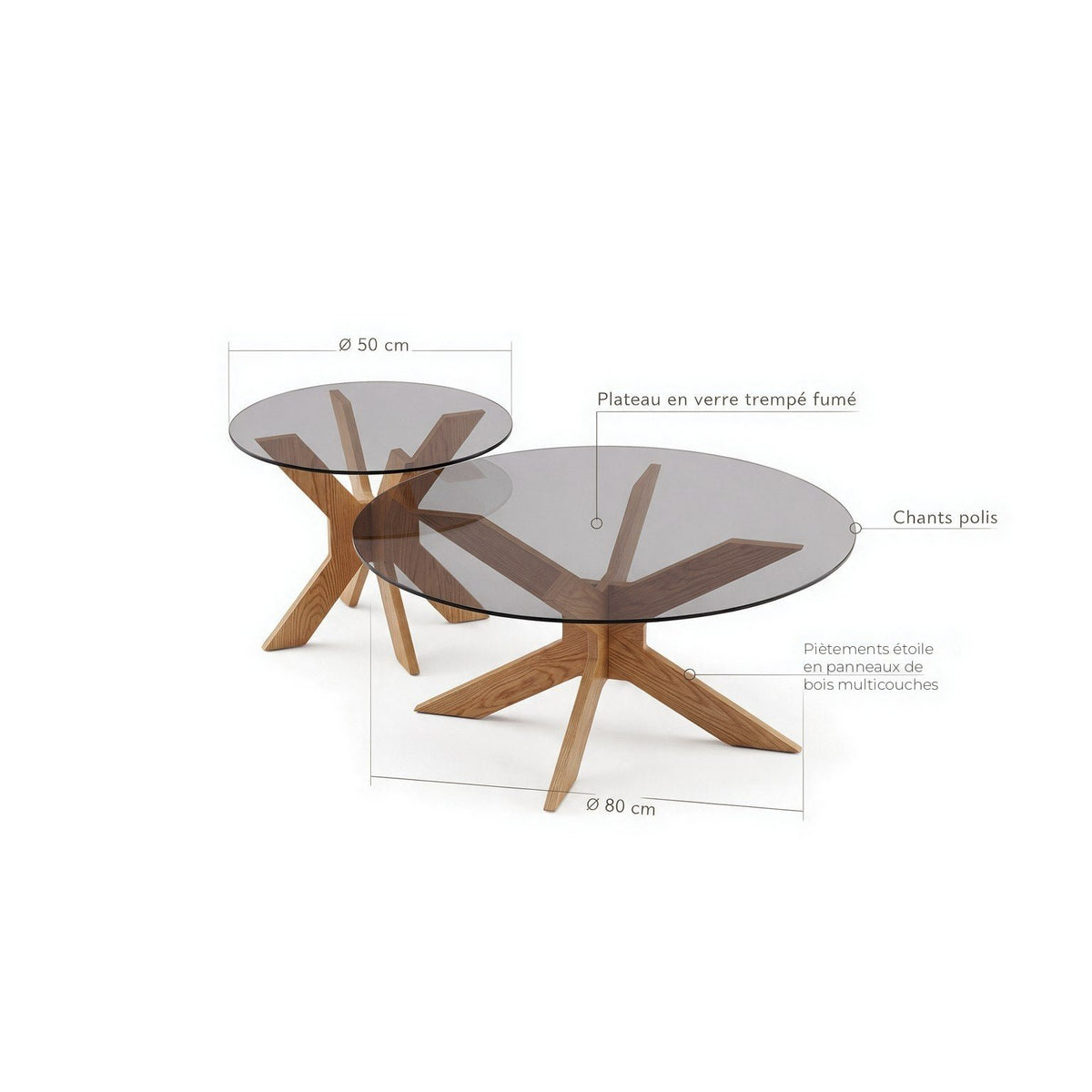 Tables basses gigognes Comète : dimensions (Ø 80 et Ø 50 cm) et matériaux, piètements étoile en panneaux de bois multicouches