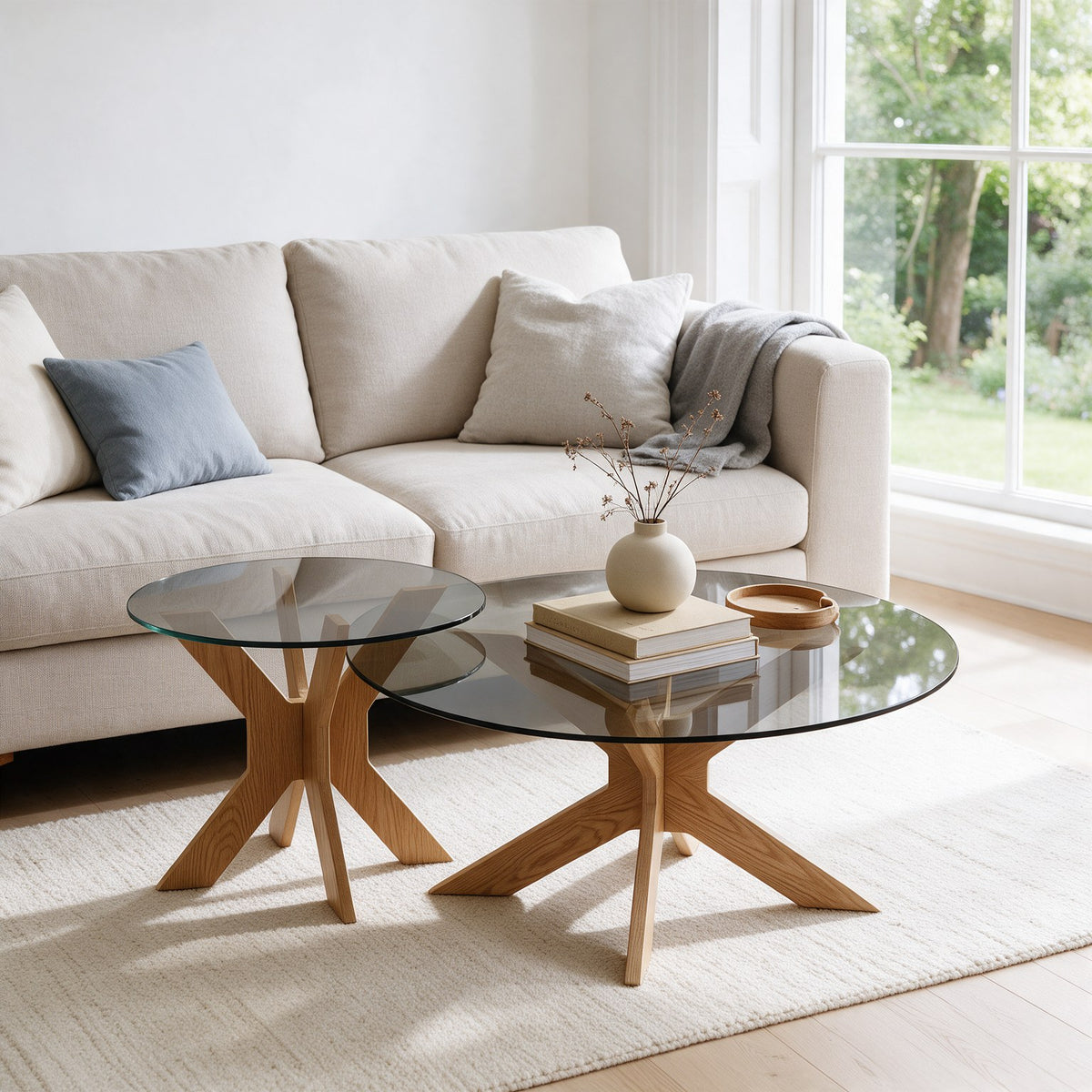 Table basse gigogne Comète teinte Naturel, mise en situation dans un salon