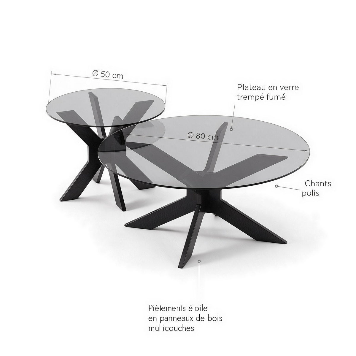 Tables basses gigognes Comète teinte Noir : dimensions (Ø 80 et Ø 50 cm) et matériaux
