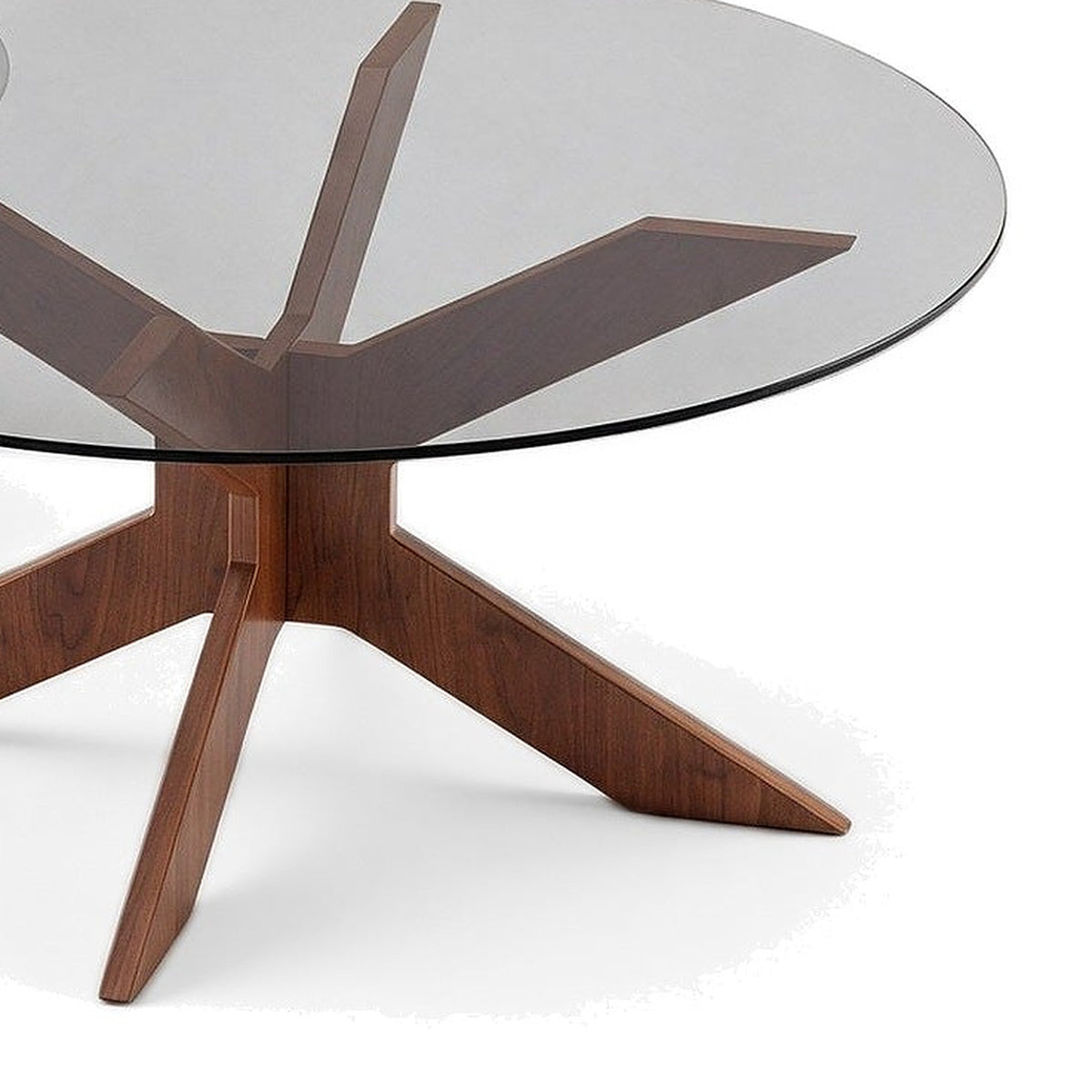 Table basse gigogne Comète teinte Noyer, vue de détail du plateau en verre et du piètement