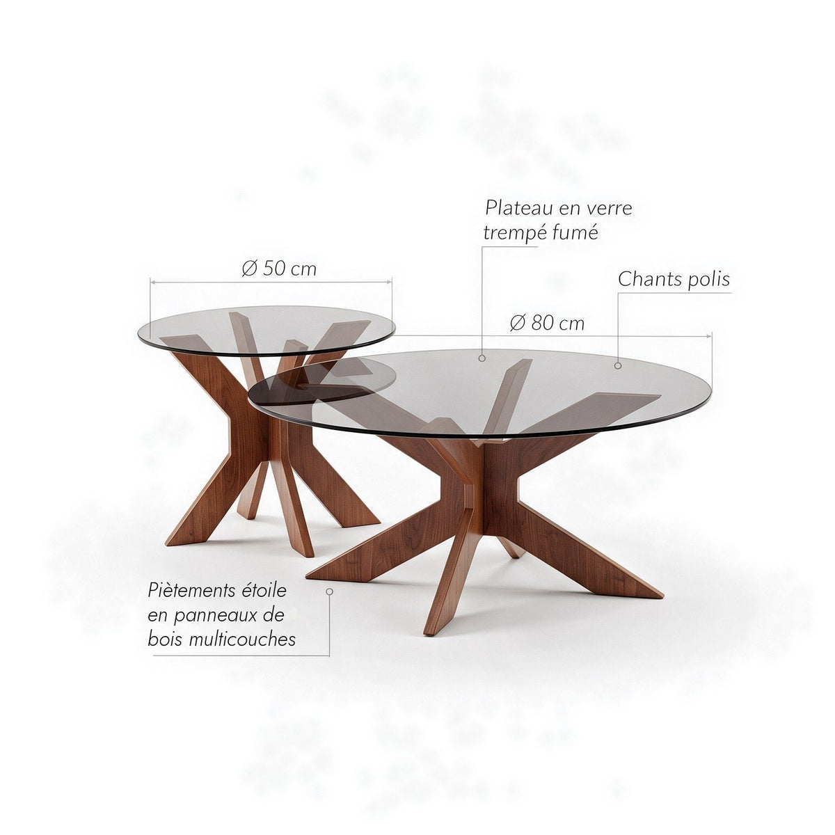 Tables basses gigognes Comète teinte Noyer : dimensions (Ø 80 et Ø 50 cm) et matériaux