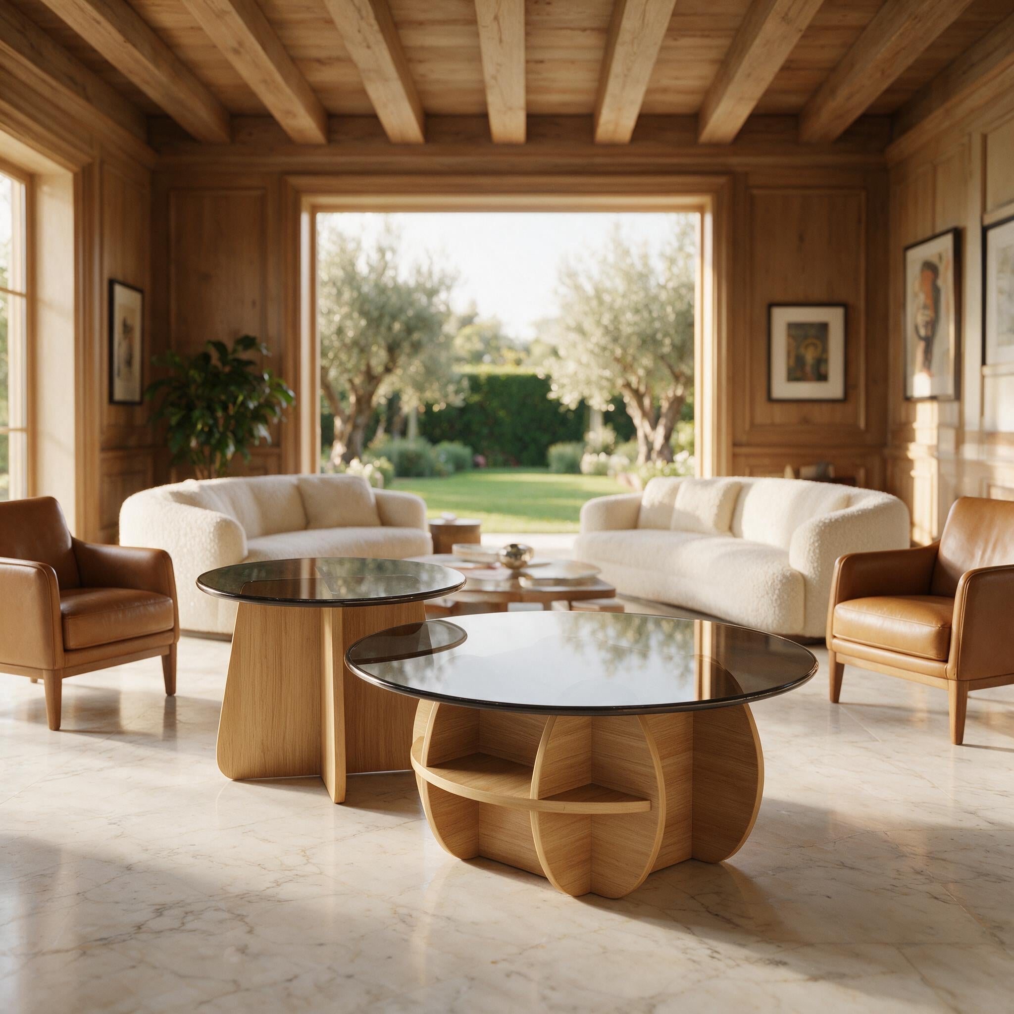 Table basse gigogne Corolle chêne naturel, salon avec baie vitrée sur jardin Image