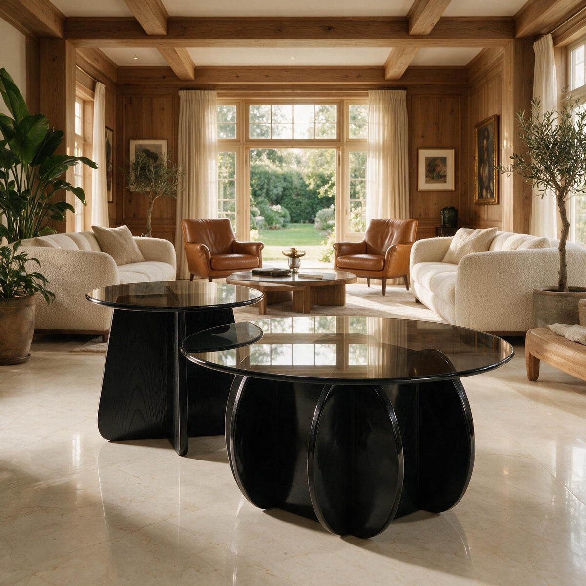 Table basse gigogne Corolle noir laqué, salon avec baie vitrée sur jardin