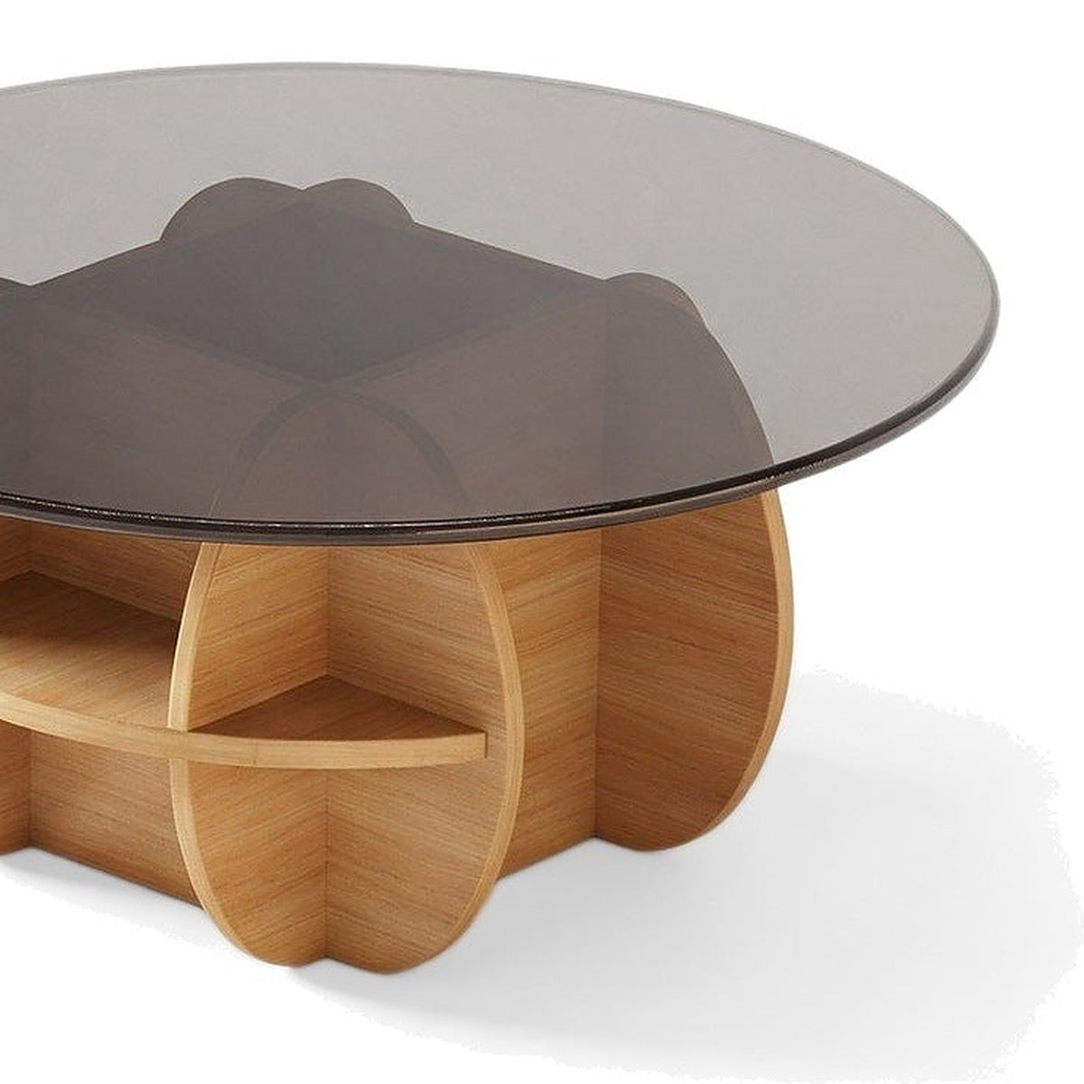 Table basse gigogne Corolle teinte Naturel, vue de détail du plateau en verre et de la base