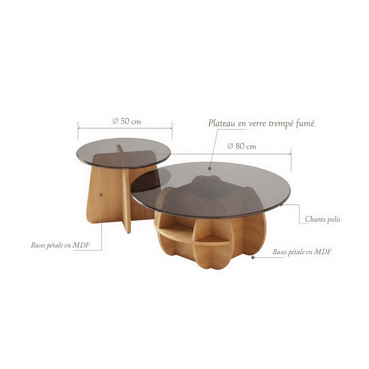 Tables basses gigognes Corolle : dimensions (Ø 80 et Ø 50 cm) et matériaux, bases pétale en MDF